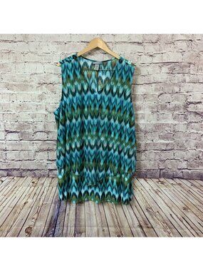 Catherines Blue Green Print V Neck Sleeveless Blouse